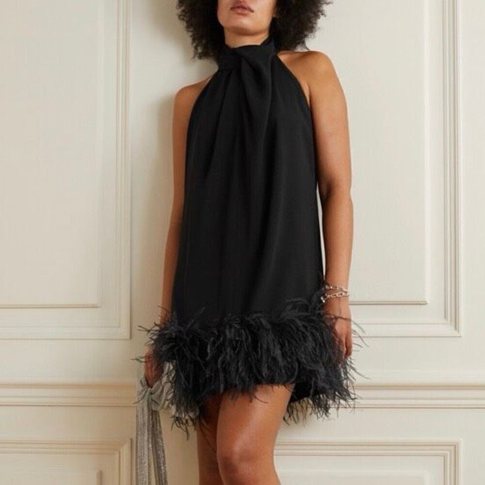 16Arlington Dress Feather Trim Black Cynthia Mini Dress Size US 10 UK‎ 14